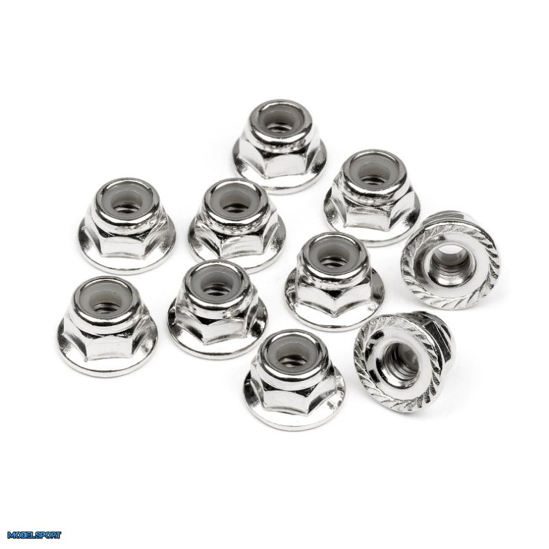 HPI 103729 Serrated Flange Lock Nut M4 (Silver/10Pcs)